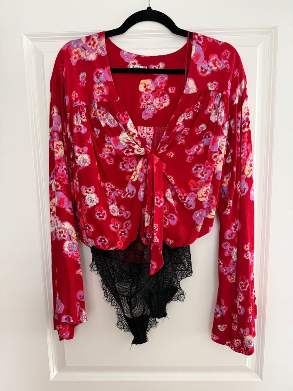Free People Red Floral Tie-Front Top